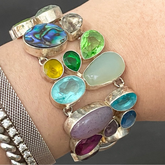 Stunning Multicolored Gemstones Crystals Mixed Cabochon Wide Bracelet 55.1g - Picture 2 of 16